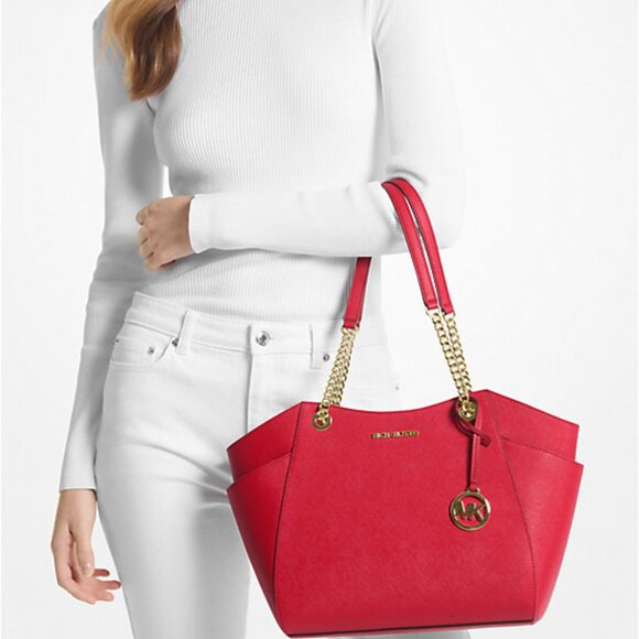 New Michael Kors Jet Set Large Saffiano Leather Shoulder Bag Bright Red - Picture 3 of 3